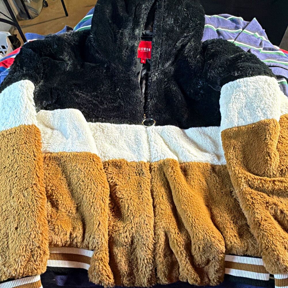 GUESS Colorblock Faux Fur 1/4 Zip High Neck Pullover Sweater Womens M Brown